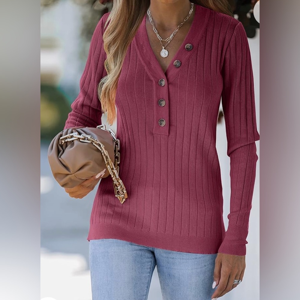 New Merokeety Women's V Neck Button Down Long Sleeve Ribbed Knitted Sweater / Sm